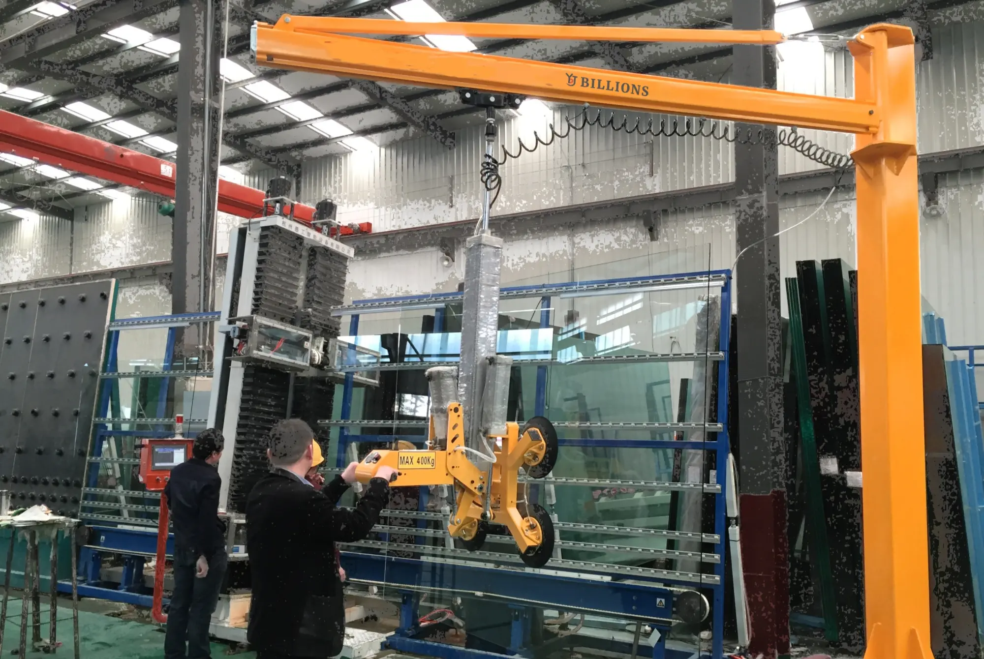 Compressed air glass manipulator for edge grinding machine feeding and glass vacuum hoist for edge polisher unloading BILLIONS LIFTER